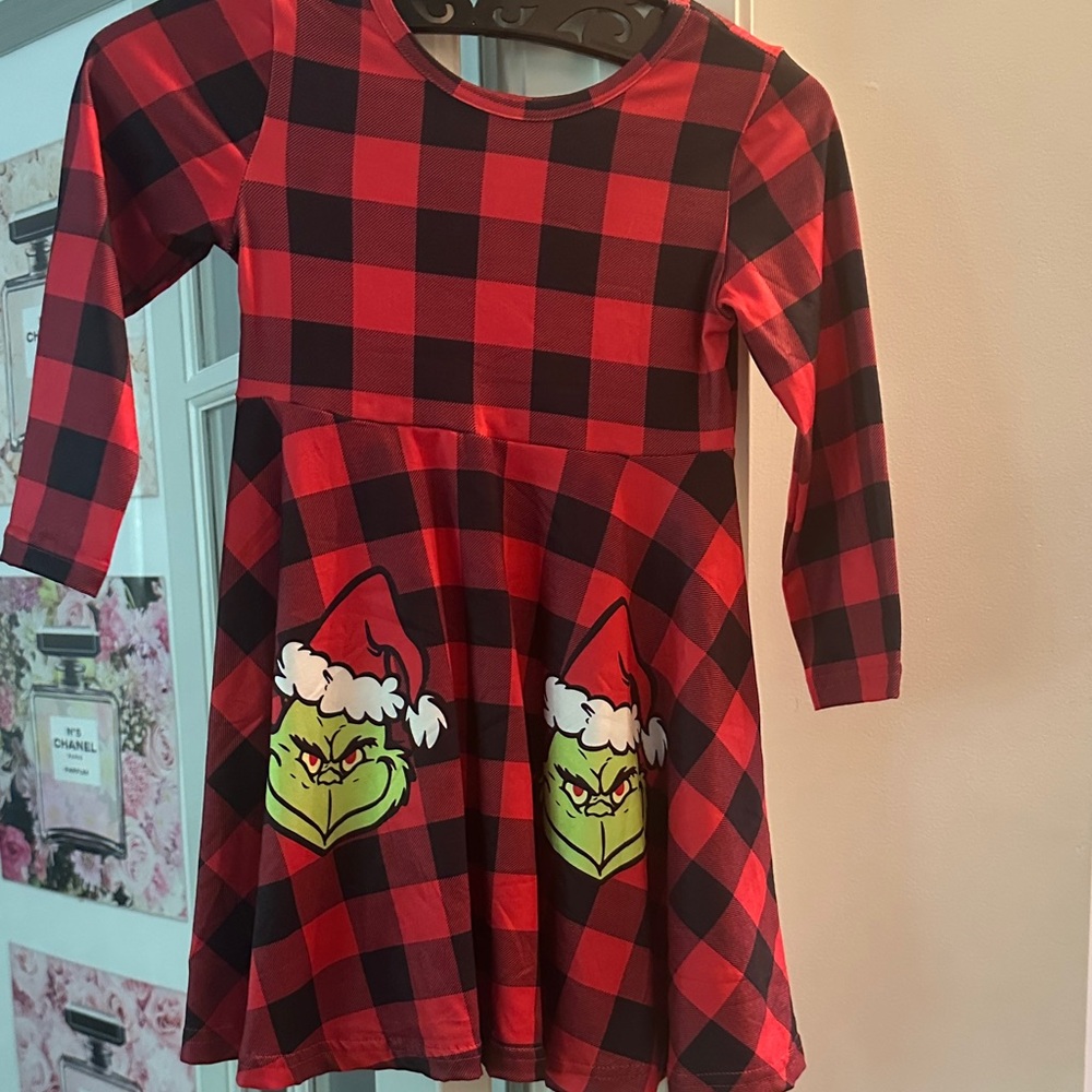 Red Plaid Kids Casual Dress with Grinch Design